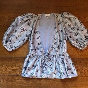 Ganni Metallic Puff Sleeve Floral Wrap Blouse 32